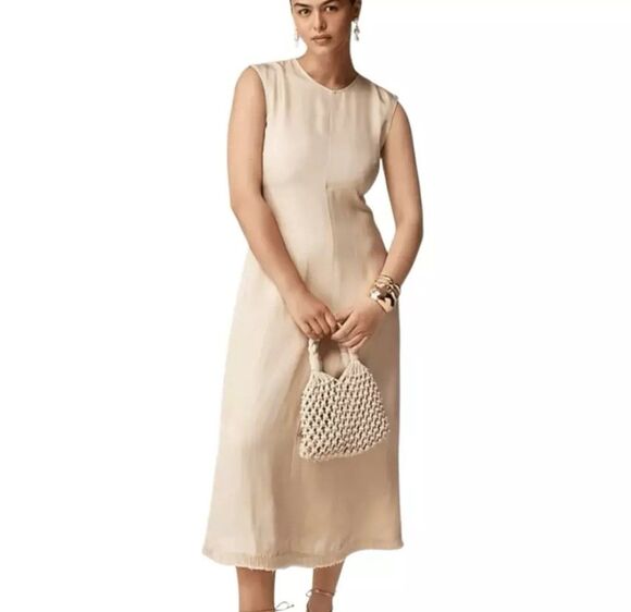 J. Crew Dresses & Skirts - J. Crew Dress Womens 2 Fringe Trim Glossy Twill Cream Gold Midi Sheath Flare